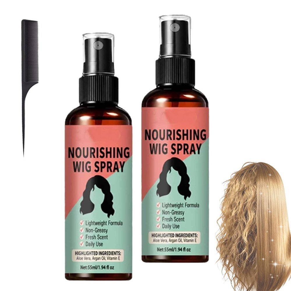 Lightweight No-Rinse Nourishing Wig Spray, 55ml Wig Volumizing Spray, Non-greasy Care Solution, Reduces Tangles, Quick-Drying, For Shine and Smooth Finish (2PCS)