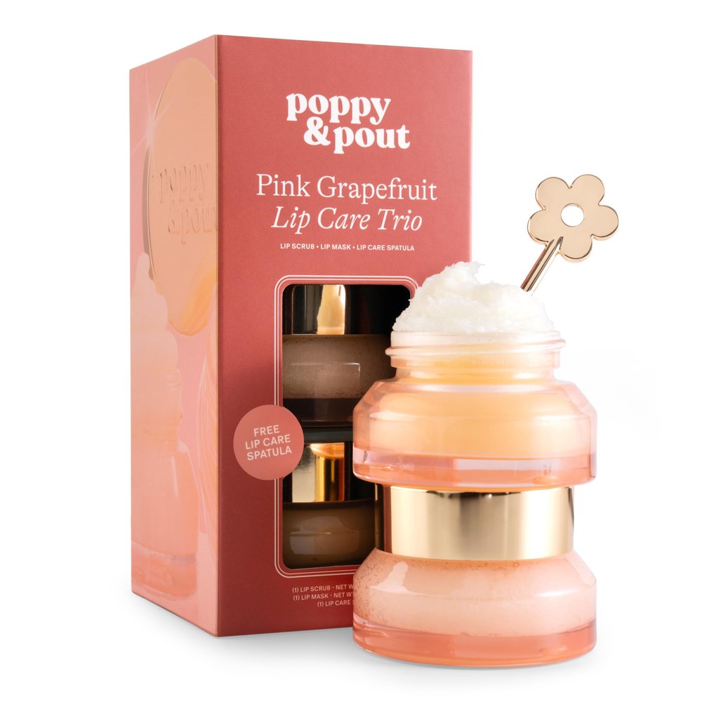 Poppy & Pout Lip Care Trio, Pink Grapefruit Lip Scrub & Natural Lip Mask Set for Dry Lips, Moisturizing Sugar Scrub Exfoliator, Overnight Lip Treatment, Recyclable Glass Jars, Cruelty Free