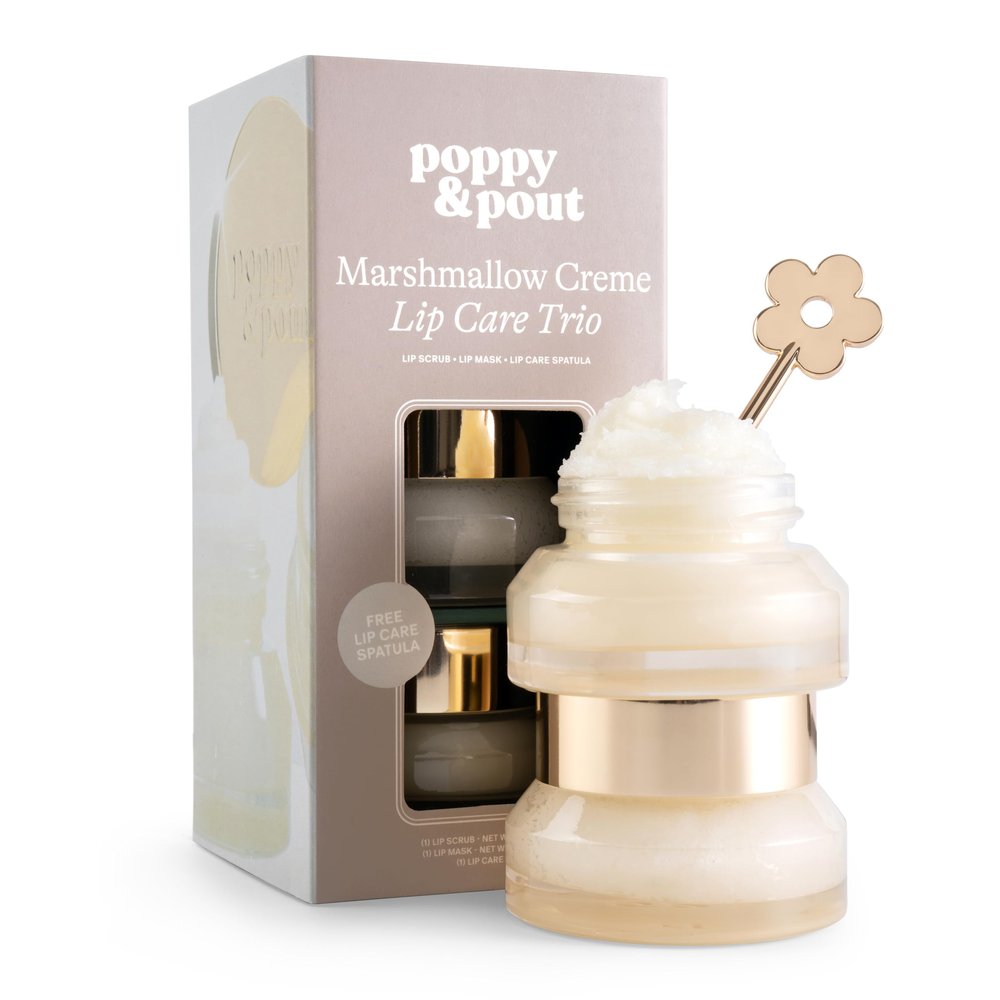 Poppy & Pout Lip Care Trio, Marshmallow Creme Lip Scrub & Natural Lip Mask Set for Dry Lips, Moisturizing Sugar Scrub Exfoliator, Overnight Lip Treatment, Recyclable Glass Jars, Cruelty Free