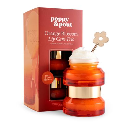 Poppy & Pout Lip Care Trio, Orange Blossom Lip Scrub & Natural Lip Mask Set for Dry Lips, Moisturizing Sugar Scrub Exfoliator, Overnight Lip Treatment, Recyclable Glass Jars, Cruelty Free