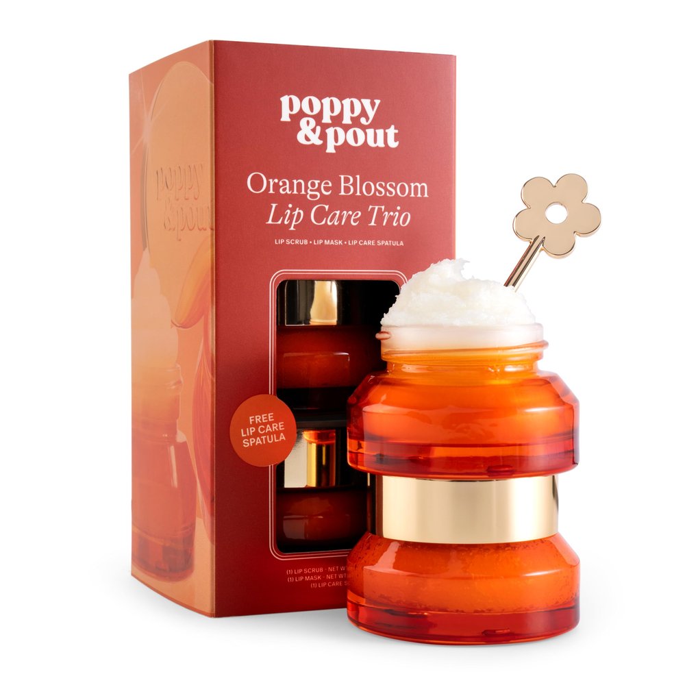 Poppy & Pout Lip Care Trio, Orange Blossom Lip Scrub & Natural Lip Mask Set for Dry Lips, Moisturizing Sugar Scrub Exfoliator, Overnight Lip Treatment, Recyclable Glass Jars, Cruelty Free
