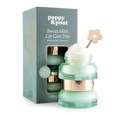 Poppy & Pout Lip Care Trio, Sweet Mint Lip Scrub & Natural Lip Mask Set for Dry Lips, Moisturizing Sugar Scrub Exfoliator, Overnight Lip Treatment, Recyclable Glass Jars, Cruelty Free