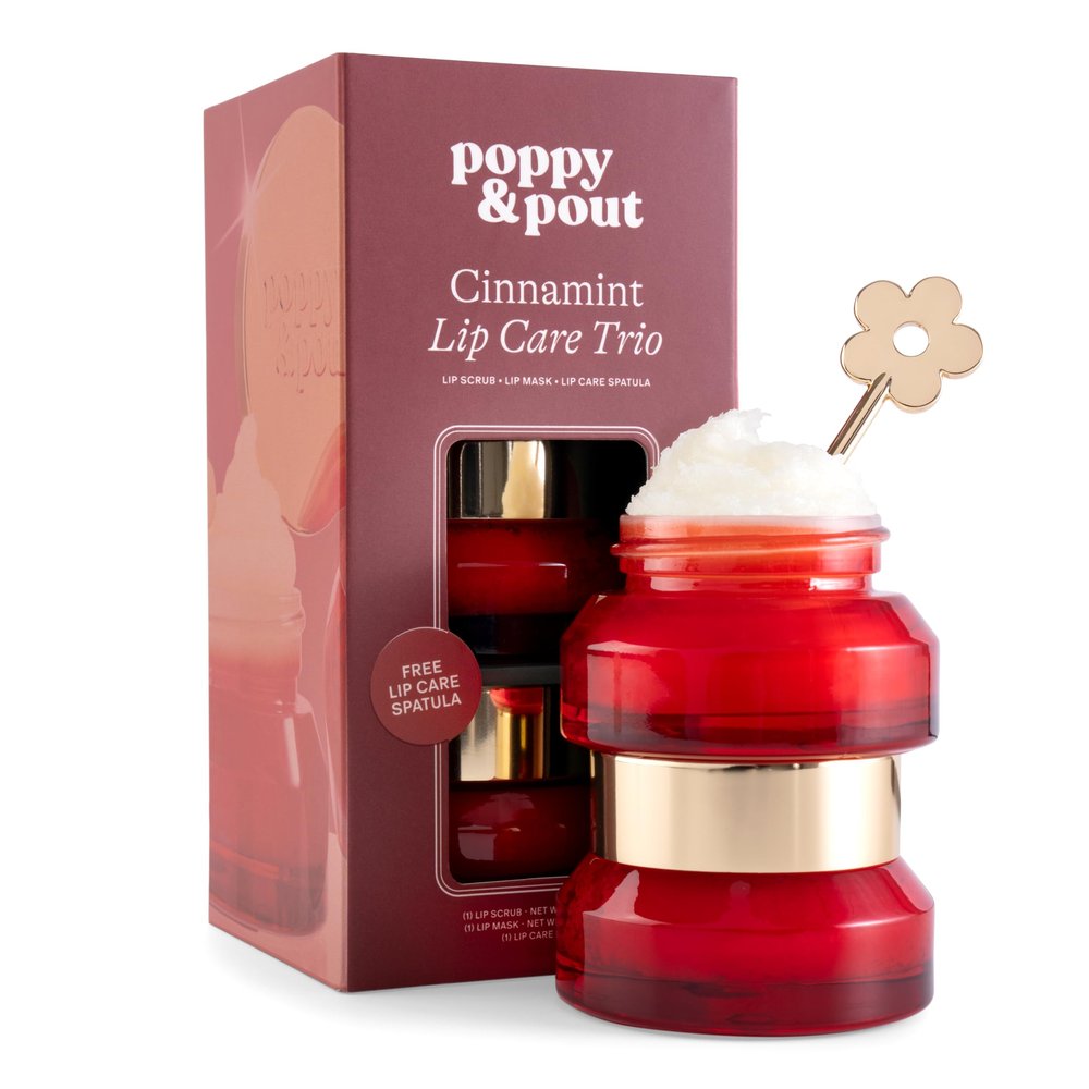 Poppy & Pout Lip Care Trio, Cinnamint Lip Scrub & Natural Lip Mask Set for Dry Lips, Moisturizing Sugar Scrub Exfoliator, Overnight Lip Treatment, Recyclable Glass Jars, Cruelty Free