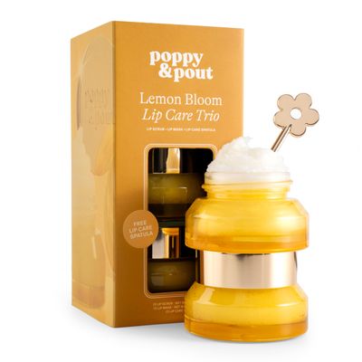 Poppy & Pout Lip Care Trio, Lemon Bloom Lip Scrub & Natural Lip Mask Set for Dry Lips, Moisturizing Sugar Scrub Exfoliator, Overnight Lip Treatment, Recyclable Glass Jars, Cruelty Free
