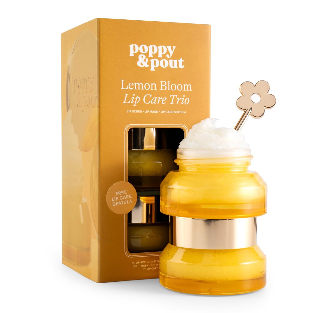Poppy & Pout Lip Care Trio, Lemon Bloom Lip Scrub & Natural Lip Mask Set for Dry Lips, Moisturizing Sugar Scrub Exfoliator, Overnight Lip Treatment, Recyclable Glass Jars, Cruelty Free