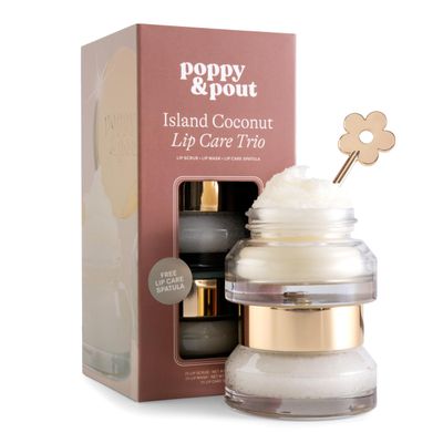Poppy & Pout Lip Care Trio, Island Coconut Lip Scrub & Natural Lip Mask Set for Dry Lips, Moisturizing Sugar Scrub Exfoliator, Overnight Lip Treatment, Recyclable Glass Jars, Cruelty Free