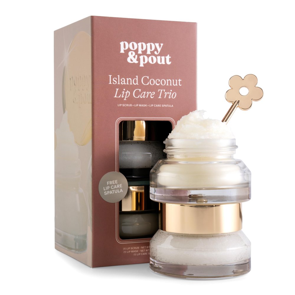 Poppy & Pout Lip Care Trio, Island Coconut Lip Scrub & Natural Lip Mask Set for Dry Lips, Moisturizing Sugar Scrub Exfoliator, Overnight Lip Treatment, Recyclable Glass Jars, Cruelty Free