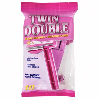 Twin Double Blade Disposable Razors for Women, Stainless Steel with Lubricating Strip, Pink, 10 Count