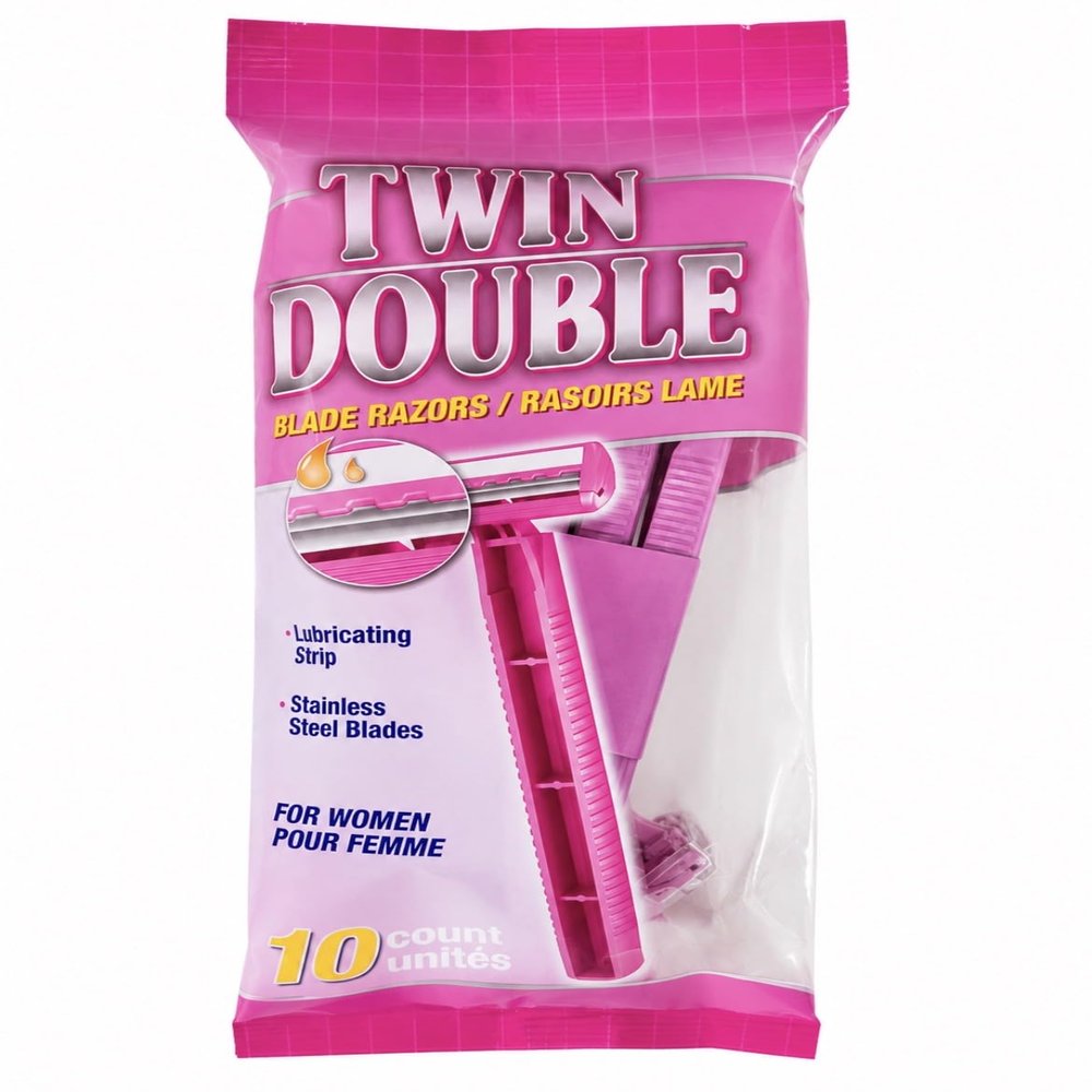Twin Double Blade Disposable Razors for Women, Stainless Steel with Lubricating Strip, Pink, 10 Count