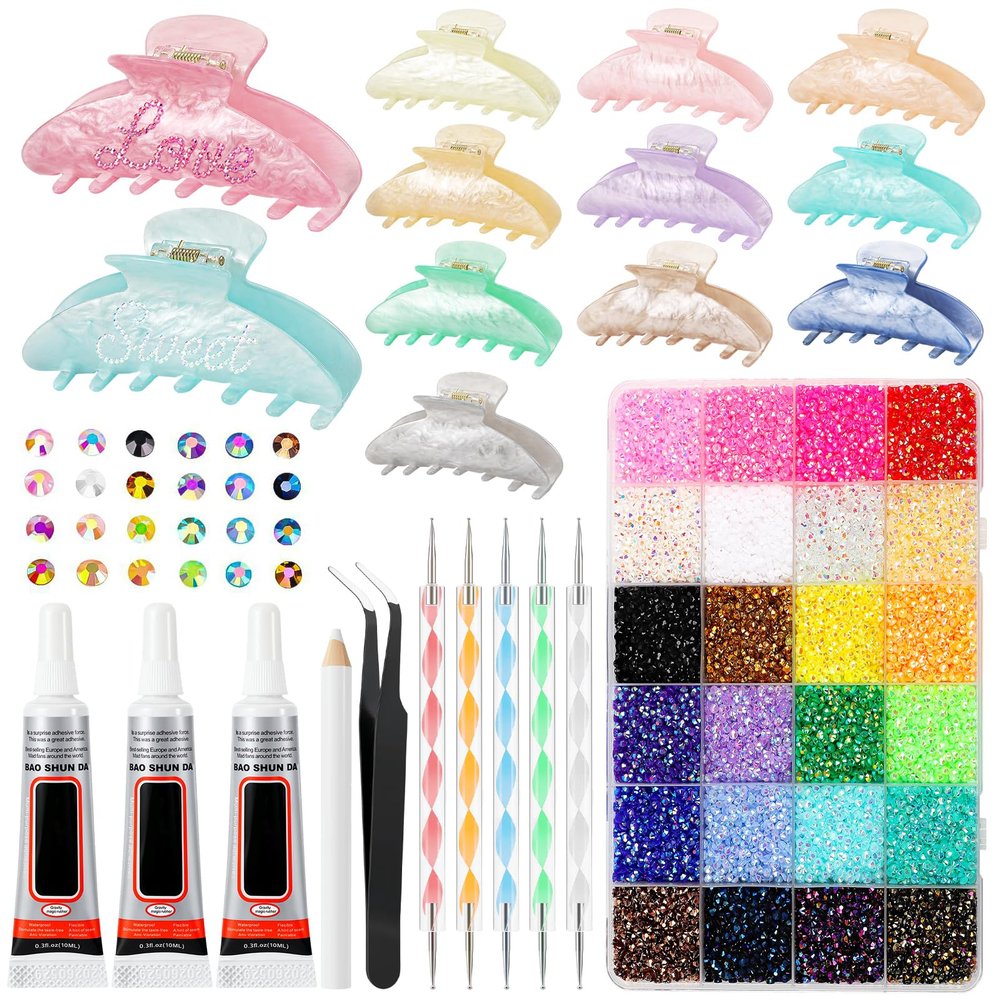 12 Pcs DIY Claw Clip Kit with 24000 Rhinestones & Glue