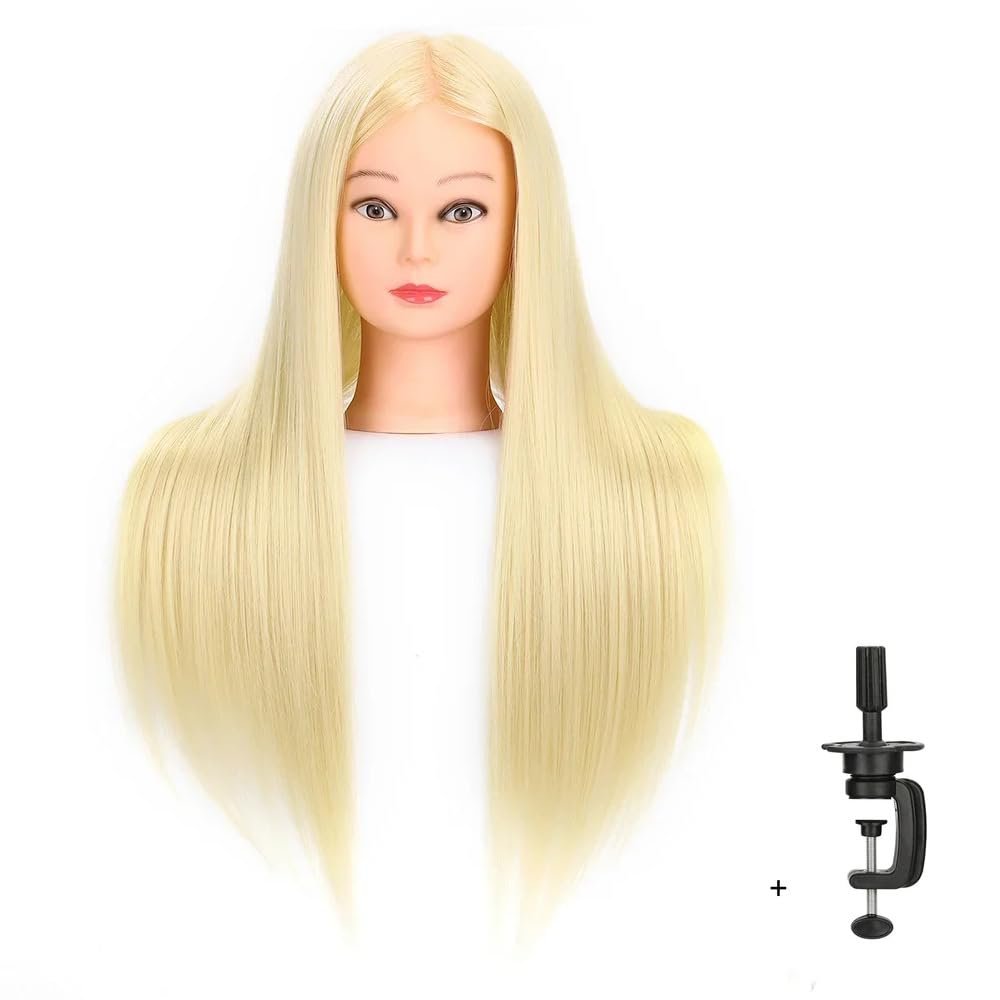 Head Hair 24"-26" Synthetic Fiber Hair Styling Training Manikin Cosmetology Head Braiding Hair Styling Hairdresser Training Model for Cutting Braiding - With Clamp Stand rice white