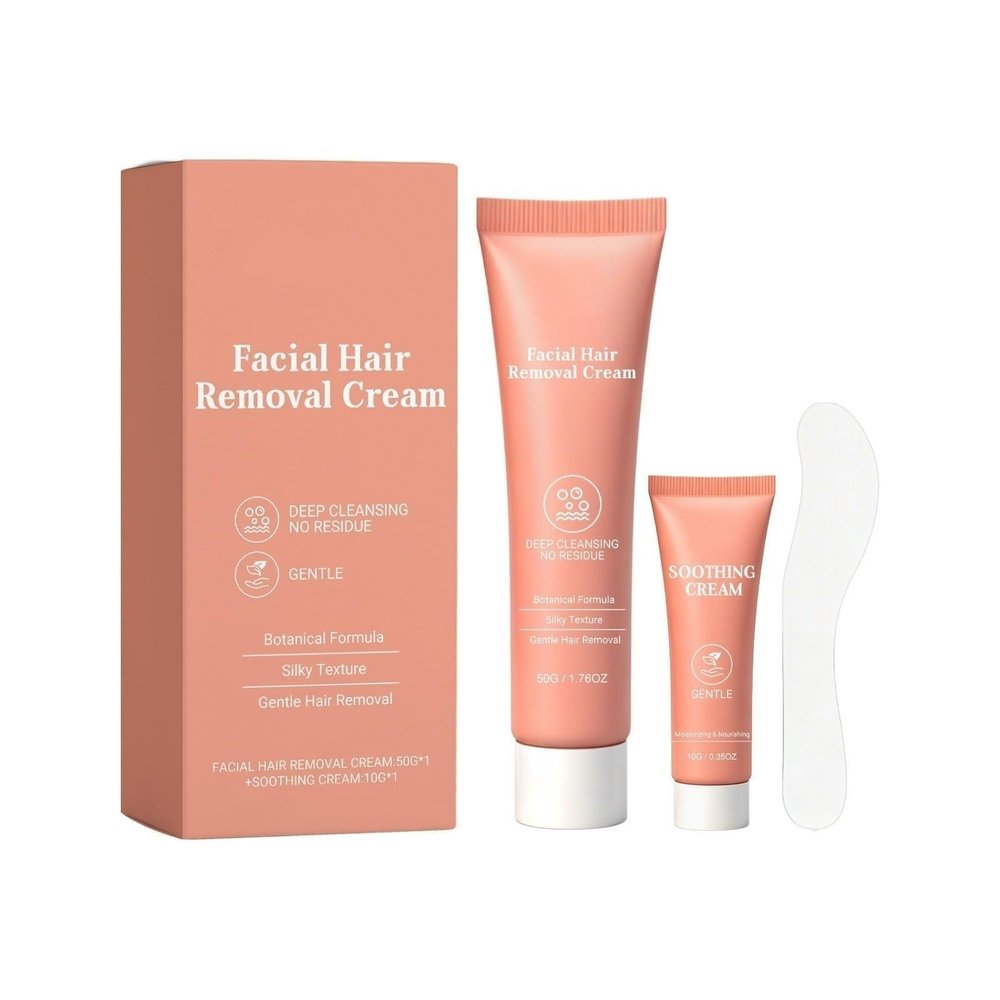 Facial Hair Remover Cream Set, Gentle Depilatory Cream with Soothing Repair Lotion for Women Upper Lip Chin Sensitive Skin 50g+10g Set(1pcs)