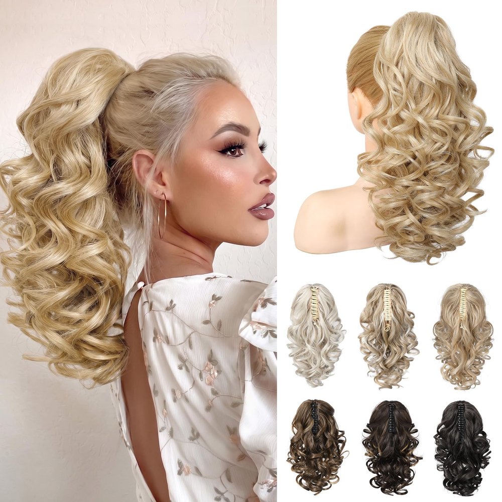 REECHO Ponytail Extension, 16" Classic Curly Wavy Claw Clip Ponytail Hair Extensions Cheer Pony Tail Hairpieces for Women - Medium Blonde