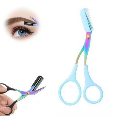 2-in-1 Eyebrow Scissors with Comb, Professional Curved Eyebrow Trimming Razor, Portable Eyebrow Grooming Shaping Makeup Tool for Women & Men (Blue, 1pcs)
