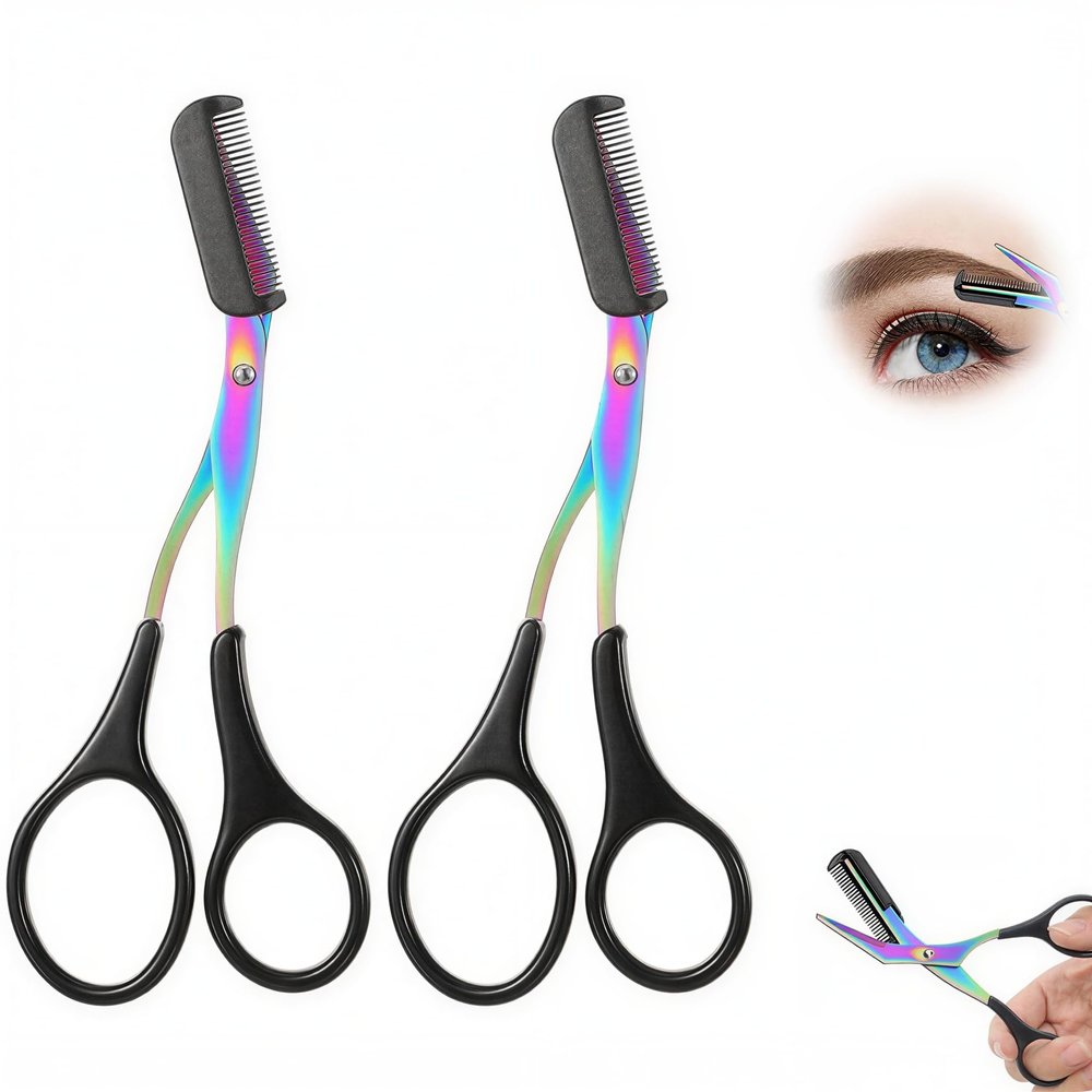 2-in-1 Eyebrow Scissors with Comb, Professional Curved Eyebrow Trimming Razor, Portable Eyebrow Grooming Shaping Makeup Tool for Women & Men (Black, 2pcs)