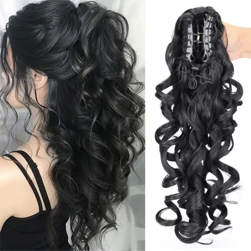 FUIBEJAE Drawstring Ponytail Extension,16 Inch Claw Clip Ponytail Extension Clip in Curly Pony Tails Synthetic Hair Piece for Black Women Daily Use