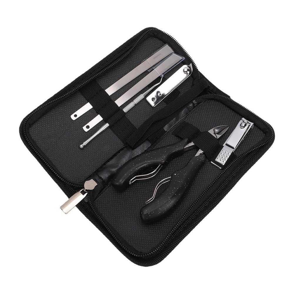 Sanpyl Ingrown Toenail Clipper Kit, Professional Curved Straight Cutter with Nail Scraper, Stainless Steel Toenail Tool Kit for Thick Ingrown Nails, Home Travel (7pcs Black)