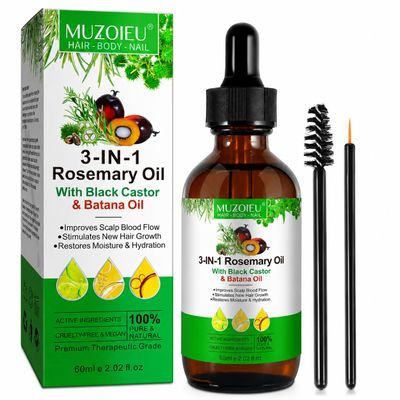 3-in-1 Rosemary, Black Castor & Batana Oil, 2.02 Fl Oz, Hair Body Nail Beauty Blend with Dropper, Lash Brow Wand and Brush (2.02 Fl Oz (Pack of 1))