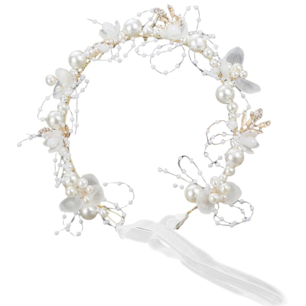 Homoyoyo Golden Bridal Headband with Pearl Flower Design, Alloy and Ribbon Material, Delicate Workmanship and Decorative Effect, for Wedding and Daily Life Accessories
