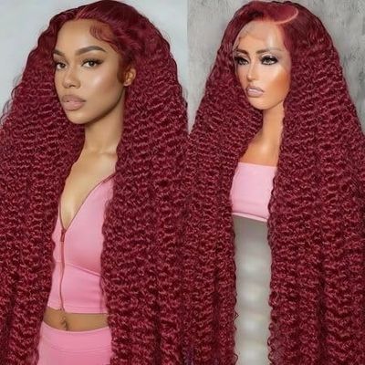 VAIDSOUE 250 Density Burgundy Wig Human Hair 22 Inch 13x6 Deep Wave Lace Front Wigs Human Hair HD Transparent Lace Frontal Wig Pre Plucked Deep Curly Red Colored Wig for Women