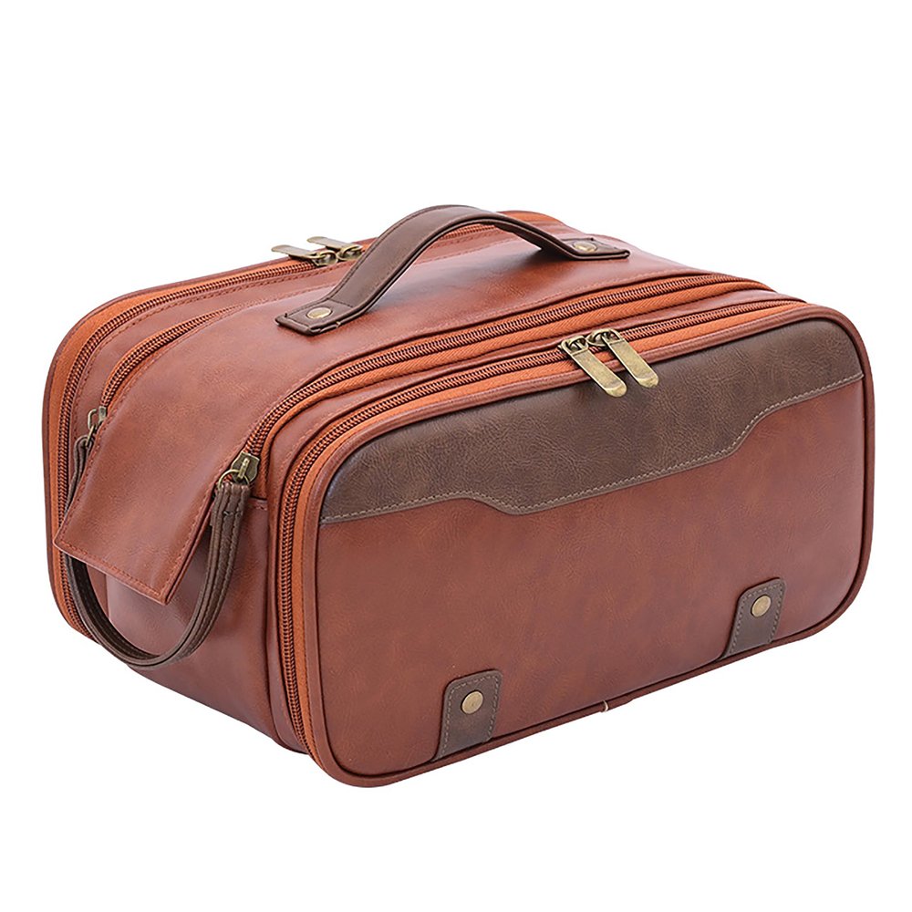 Vintage Two Tone PU Travel Toiletry Bag, Multi Compartment Portable Grooming Organizerbrown
