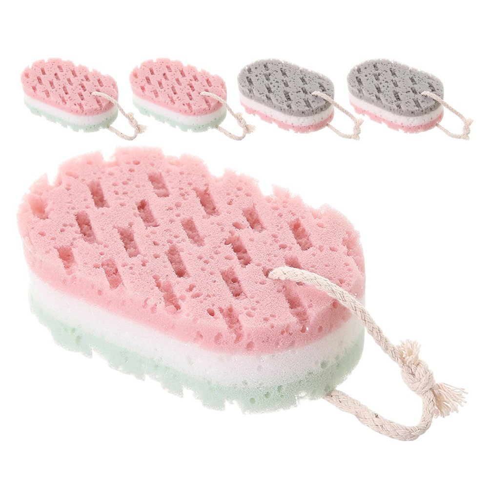 PartyKindom 5pcs Exfoliating Bath Sponges for Shower and Bathing with Dual Texture, Reusable Soft Sponge with Convenient Hanging Rope for Gentle and Deep Skin Cleansing