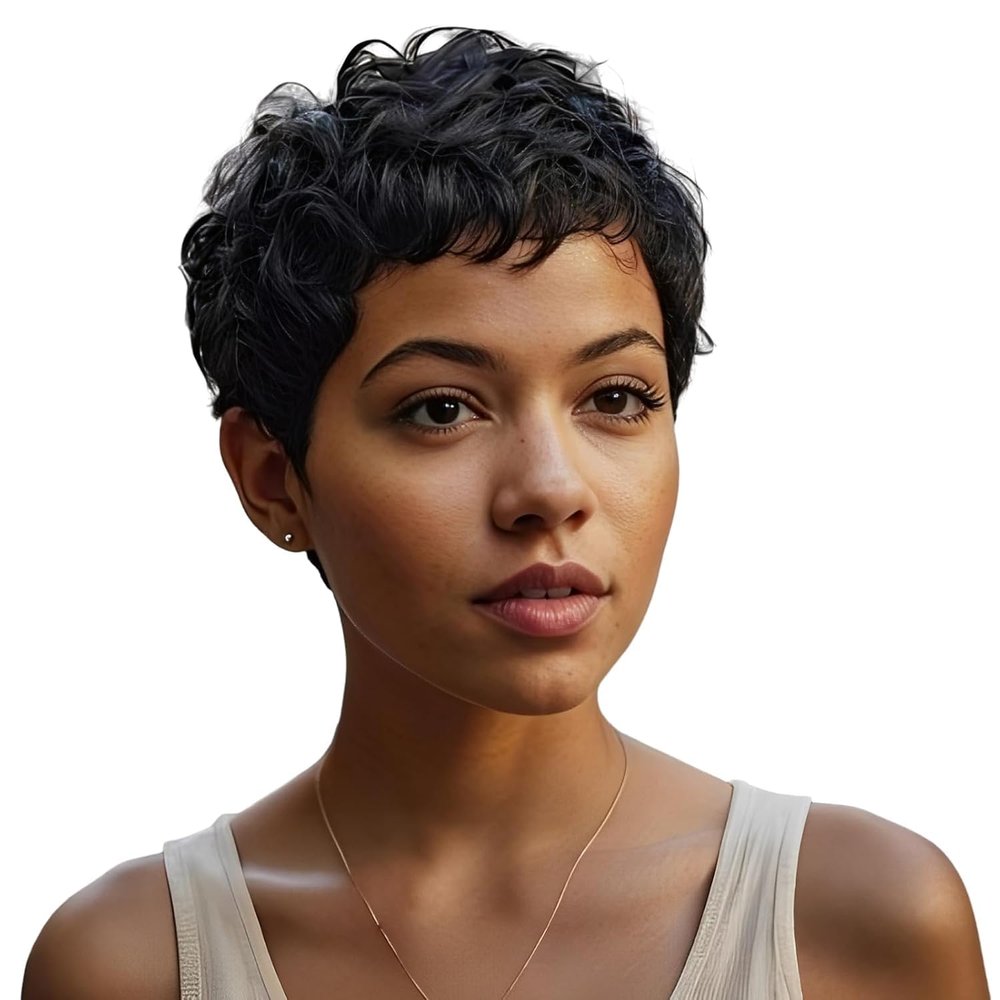 Nuxovin Short Pixie Cut Real Hair Wigs for Black Women Natural Black Curly Wigs Human Hair Glueless Lightweight Breathable Tangle Free Natural Look (Black/1B, 6inch)