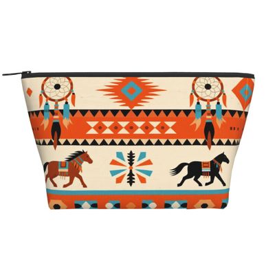 Women Ladies Makeup Cosmetic Case Holder for Makeup Brushes Jewelry Travel, Large Capacity Cosmetic Train Case Multipurpose Tote Bag Makeup Pouch (Southwest Native American Ethnic Horse Dreamcatcher)