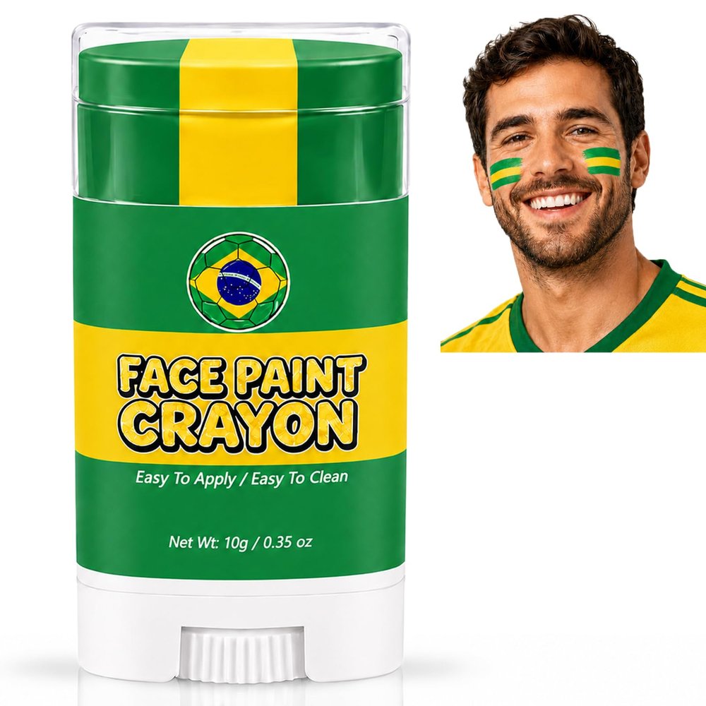 Brazil World Cup Face Paint Stick,Green Yellow and Green Brazil Soccer Fan Flag Face Body Paint Crayon,2026 World Cup Fans Eye Black,Sweatproof & High Pigment for Football,Rugby,Softball,Baseball