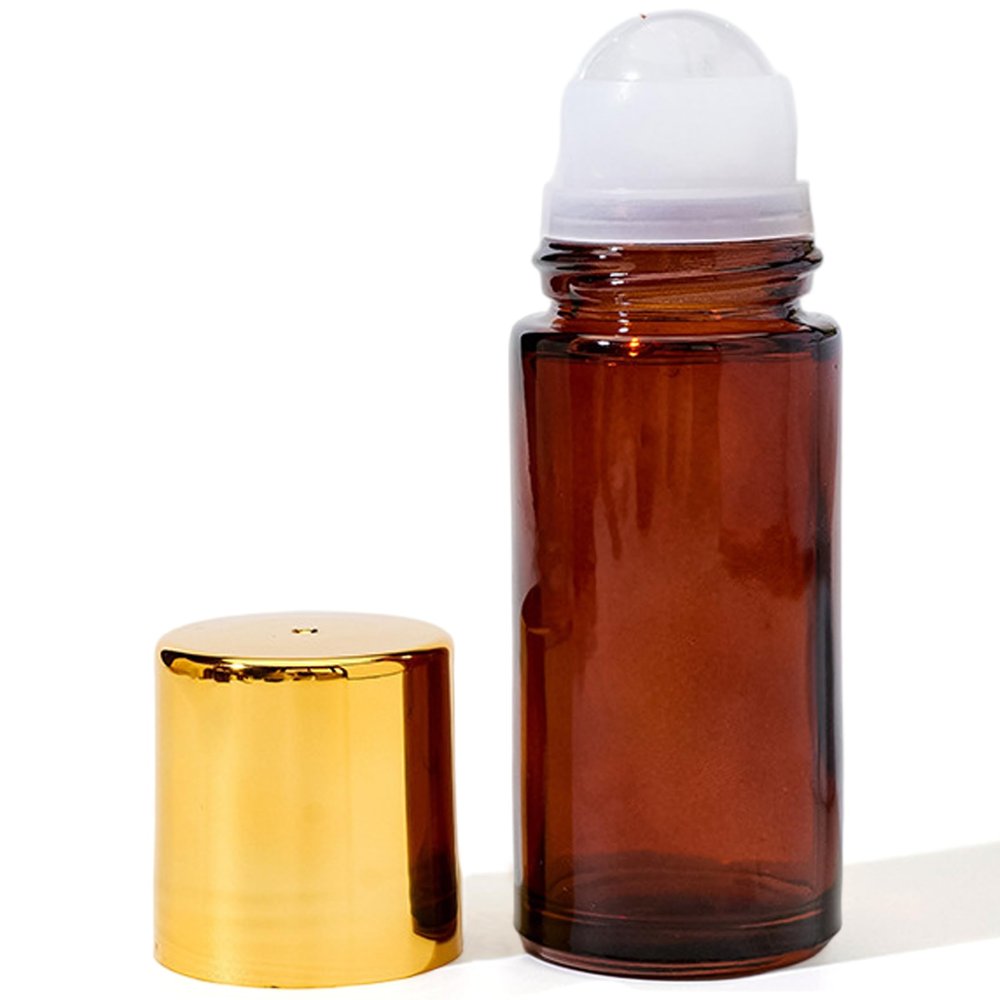 Syutokul Rose Quartz Roller Ball Bottle, 50ml Rose Quartz Roller Bottle Refillable Amber Glass Ball Applicator with Golden Cap for Essential Oils.