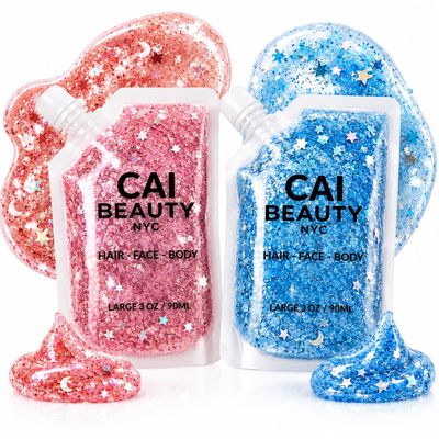 CAI Beauty Holographic Pink & Blue Glitter Gel Vegan Cruelty Free Face Body & Hair Glitter for Women Kids 3 Oz Each Cosmetic Grade No Mess Non-Toxic Easy Apply & Wash Off Concerts Holidays 2 Pack