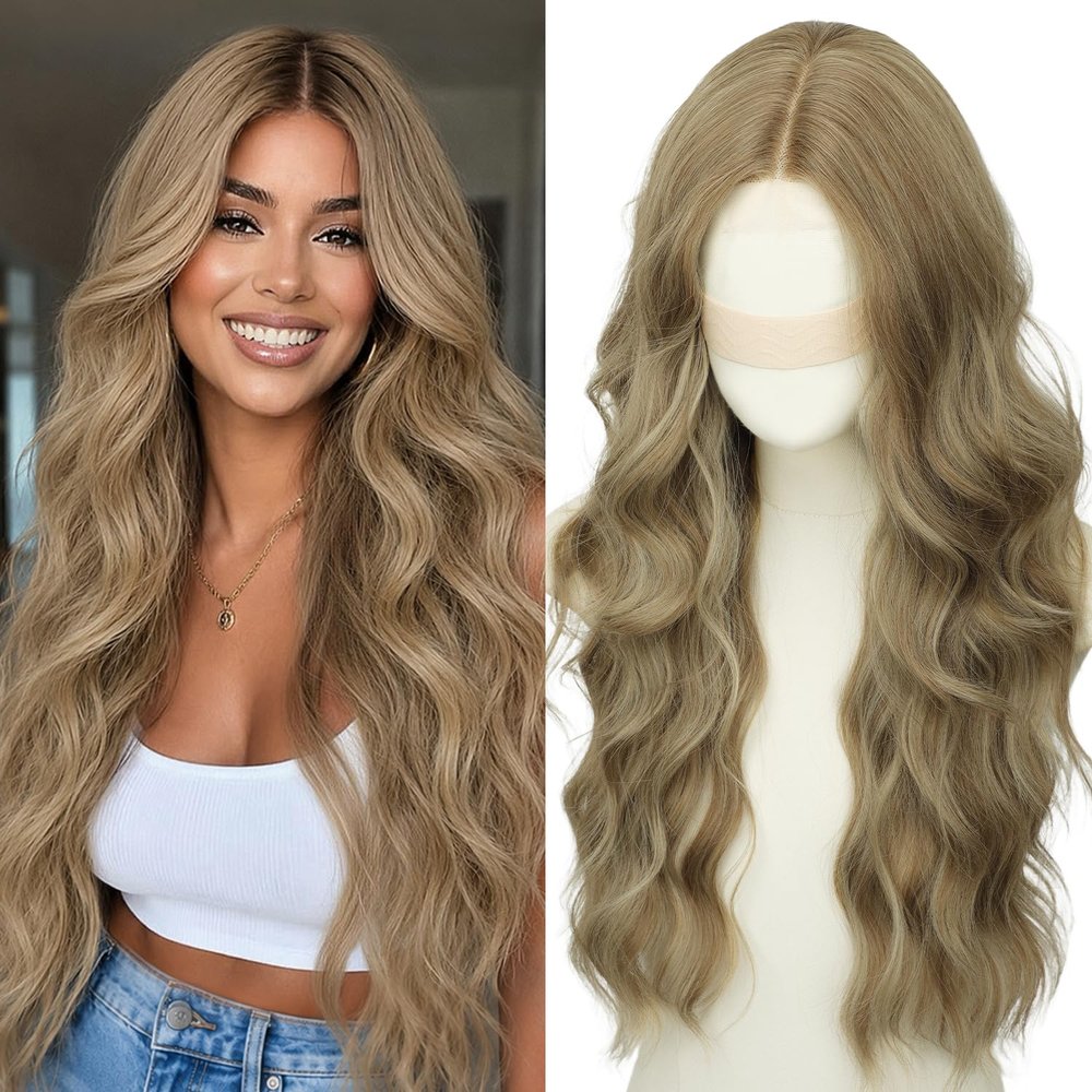 Nnzes Ash Honey Blonde Wigs for Women, 26 Inch Long Wavy 4x1 Lace Part Wig
