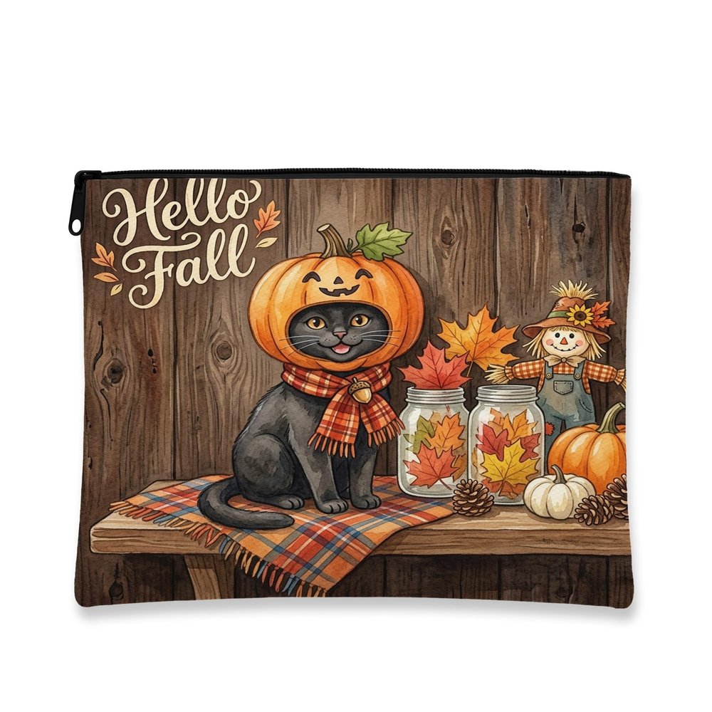 Fall Bombays Cats Makeup Bag, Holiday Cute Wood Cosmetic Travel Pouch for Women, Gifts for Girls, Autumn Portable Small Canvas Zipper Organizer 7x9 Inch