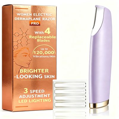 Dermaplane Razor for Women Face |Sonic Facial Hair Remover with LED Light, Electric Peach Fuzz Remover & Facial Exfoliation Tool for Smooth-Looking Skin, Eyebrow Grooming, 4 Replacement Blades,Purple