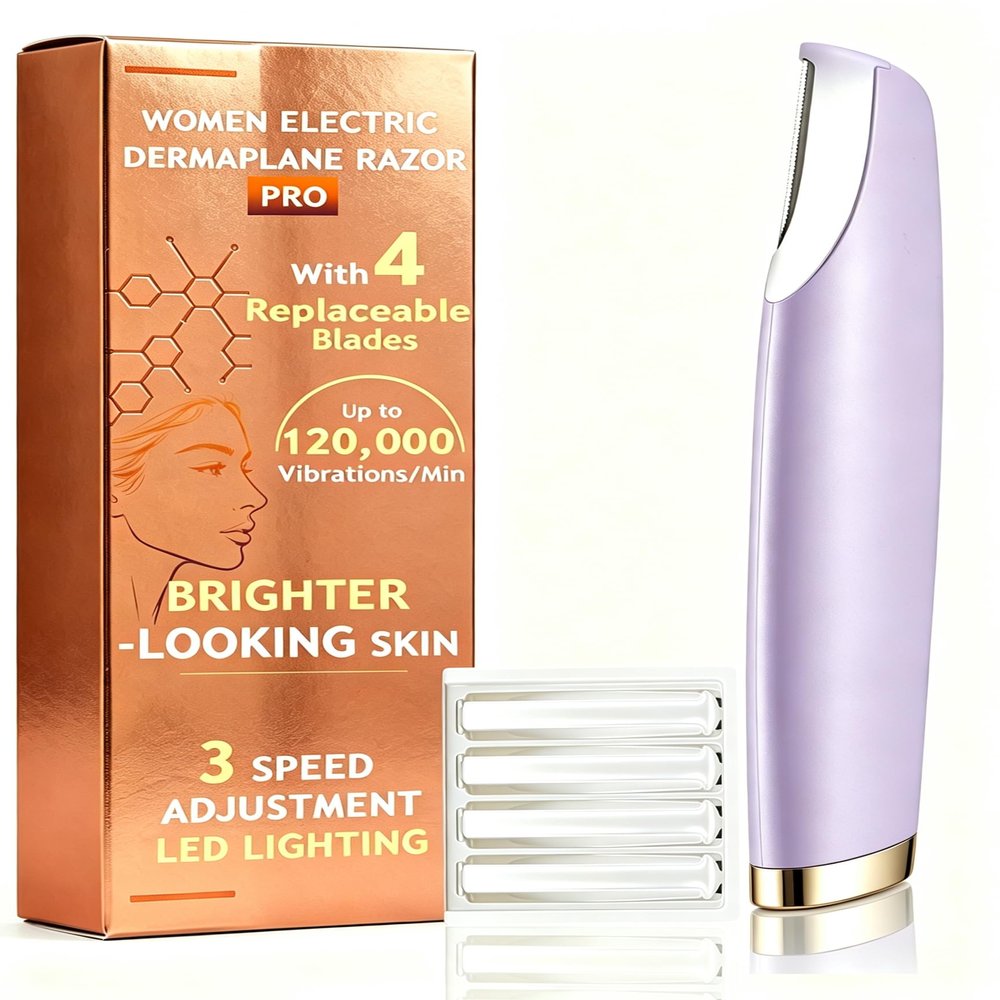 Dermaplane Razor for Women Face |Sonic Facial Hair Remover with LED Light, Electric Peach Fuzz Remover & Facial Exfoliation Tool for Smooth-Looking Skin, Eyebrow Grooming, 4 Replacement Blades,Purple