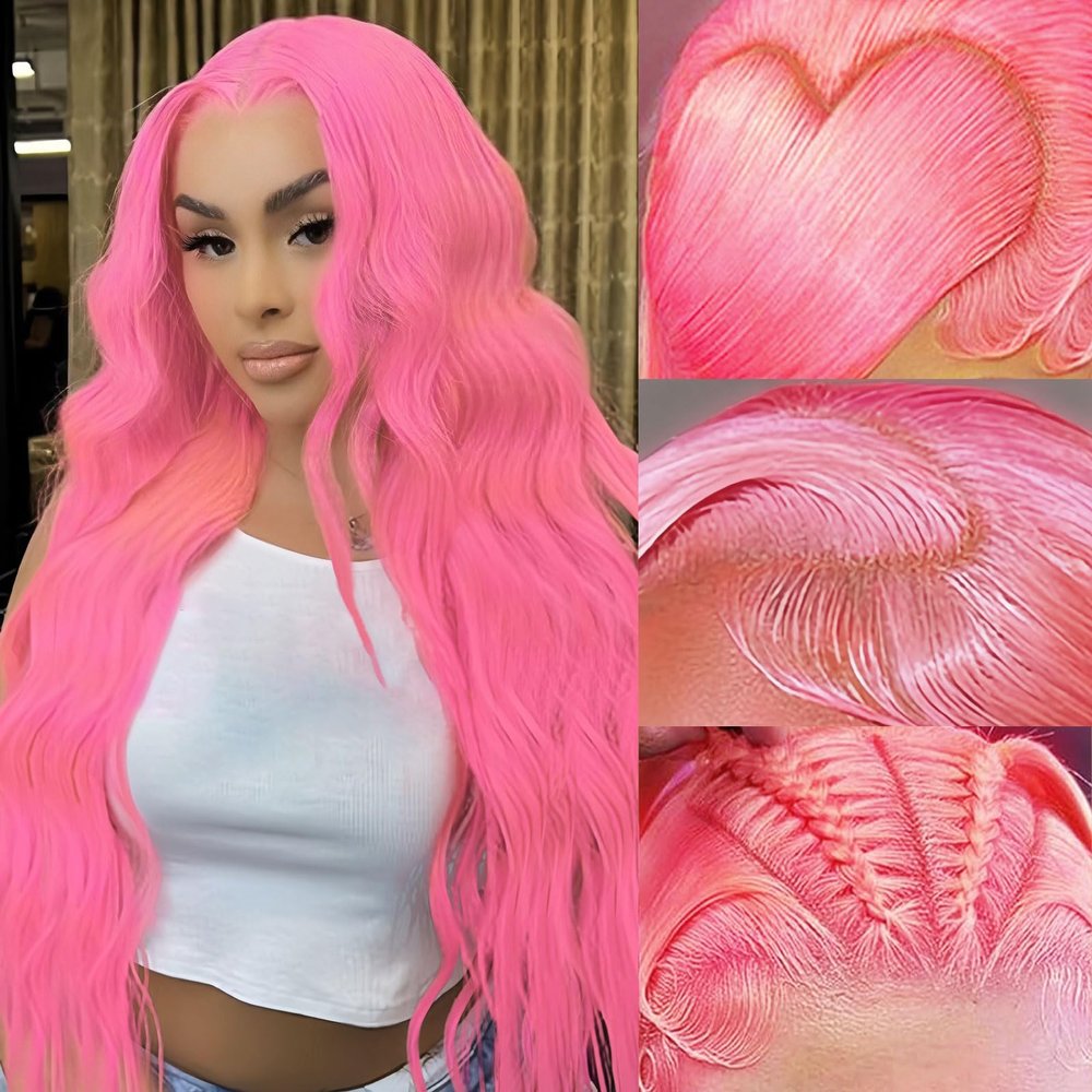 Tobeallo 32 Inch Pink Human Hair Wig Pink Body Wave 13x6 HD Lace Front Wigs