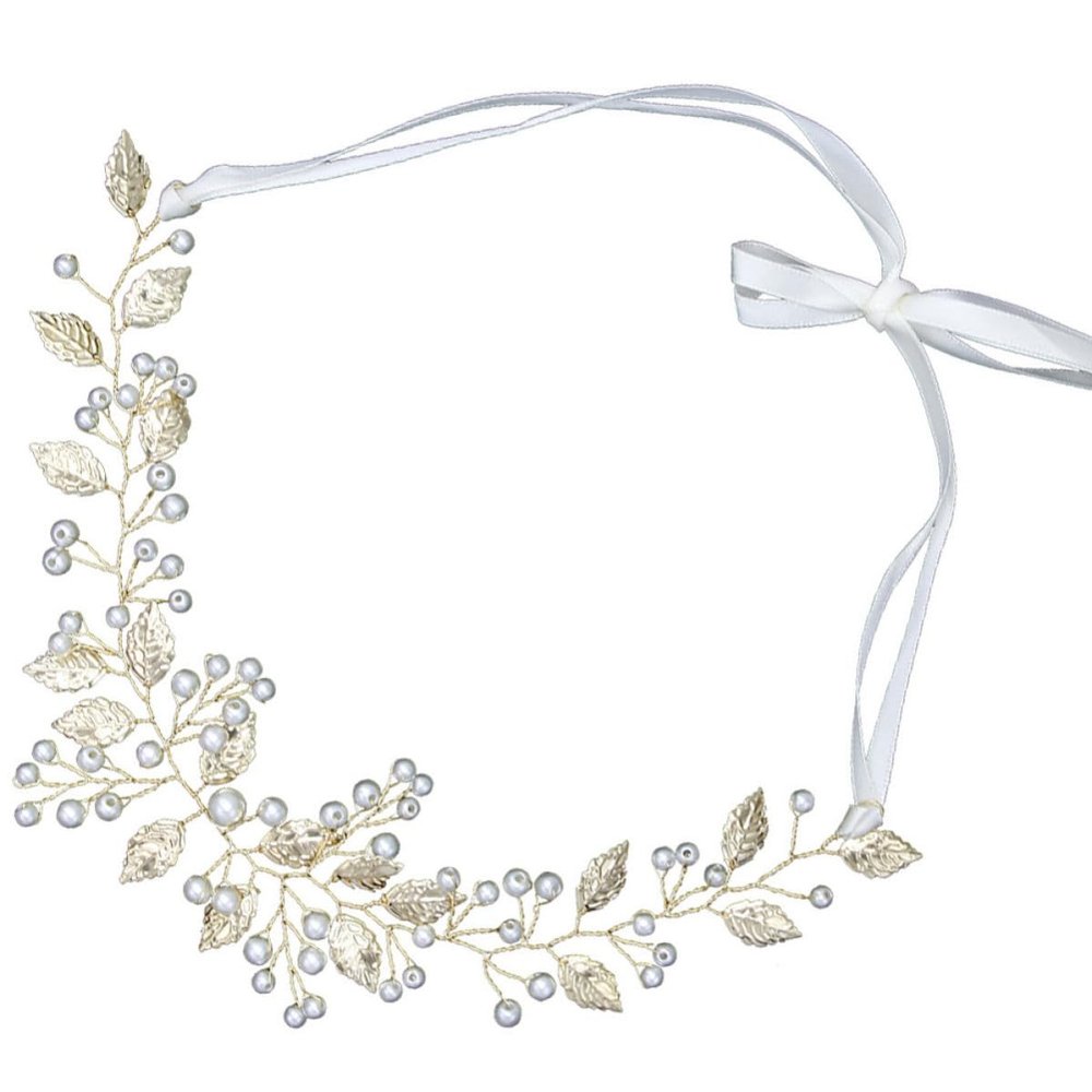 BUTIFULSIC Golden Alloy Bridal Headband with Leaf Shape and Pearl Accents for Weddings and Proms, Elegant Hair Jewelry for Women