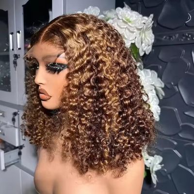 Ombre Deep Culry Highlight 4 27 Color Brazilian Human Hair 14 Inch Bob Virgin Wigs Pre Plucked 13x4 HD Transparent Glueless Lace Frontal Colored Short Bob Human Hair Wig with Bleached Knots150%Density