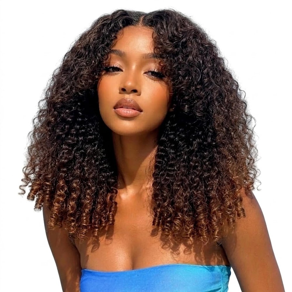14inch Brown Ombre Burmese Curly Human Hair Wig with Finger Coil Curls
