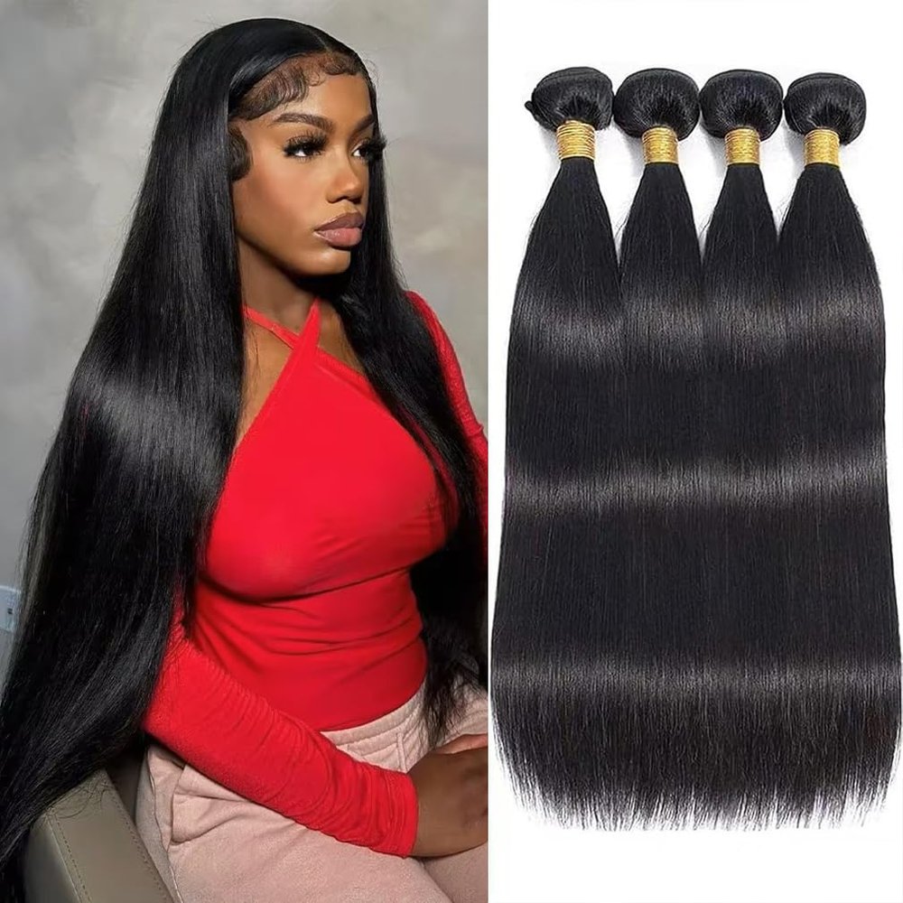 Straight Bundles Human Hair 24 26 28 30 Inch, 100% Unprocessed Virgin Human Hair Weave Bundles Straight, Sew In Hair Extensions Real Human Hair Glossy Hair Bundles 400g/Pack Double Weft Black Color