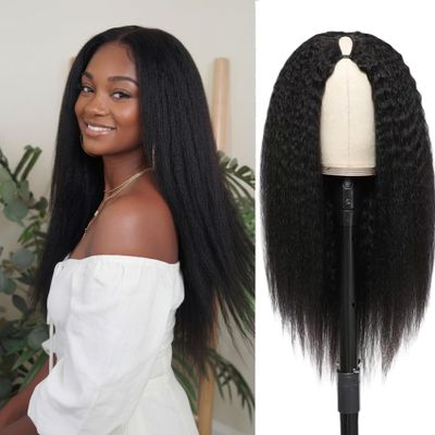 Forevermore Yaki Straight V Part Wig Human Hair Kinky Straight Vpart Human Hair Wig For Black Women 24 Inch Upgrade Glueless U Part Wig Half Wigs Clips In No Leave Out 180% Density Natural Color