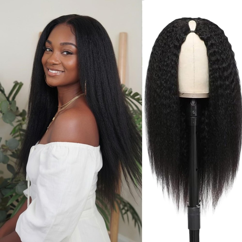 Forevermore Yaki Straight V Part Wig Human Hair Kinky Straight Vpart Human Hair Wig For Black Women 24 Inch Upgrade Glueless U Part Wig Half Wigs Clips In No Leave Out 180% Density Natural Color