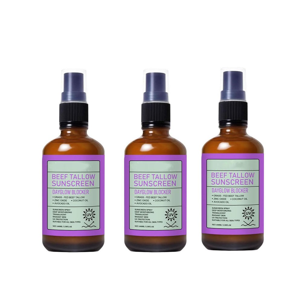 Beef Tallow Sunscreen Spray with Zinc Oxide & Coconut Oil, Moisturizing Sun Protection for Face & Body, 3.38 Fl Oz Each, 3Pack