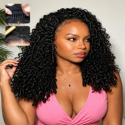 sterly Burmese Curly Half Wig Human Hair Wear and Go Glueless Flip Over Half Wigs For Black Women Drawstring Beginner Friendly No Glue No Sew 3 In 1 Wig With Spiral Curly Ends 180% Density 16inch