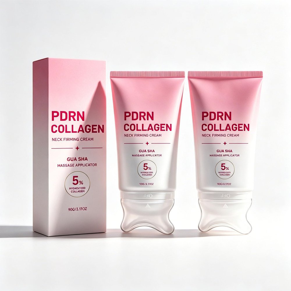 PDRN Collagen Neck Firming Cream, Korean Skin Care with Built-In Gua Sha Massager, Contour & Hydrating Anti Wrinkle Moisturizer for Jawline, Neck and Dcollet, Reduces the Look of Fine Lines, 2pc
