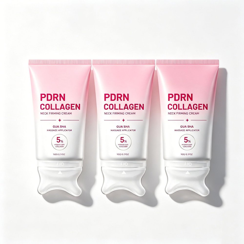 PDRN Collagen Neck Firming Cream, Korean Skin Care with Built-In Gua Sha Massager, Contour & Hydrating Anti Wrinkle Moisturizer for Jawline, Neck and Dcollet, Reduces the Look of Fine Lines, 3pc