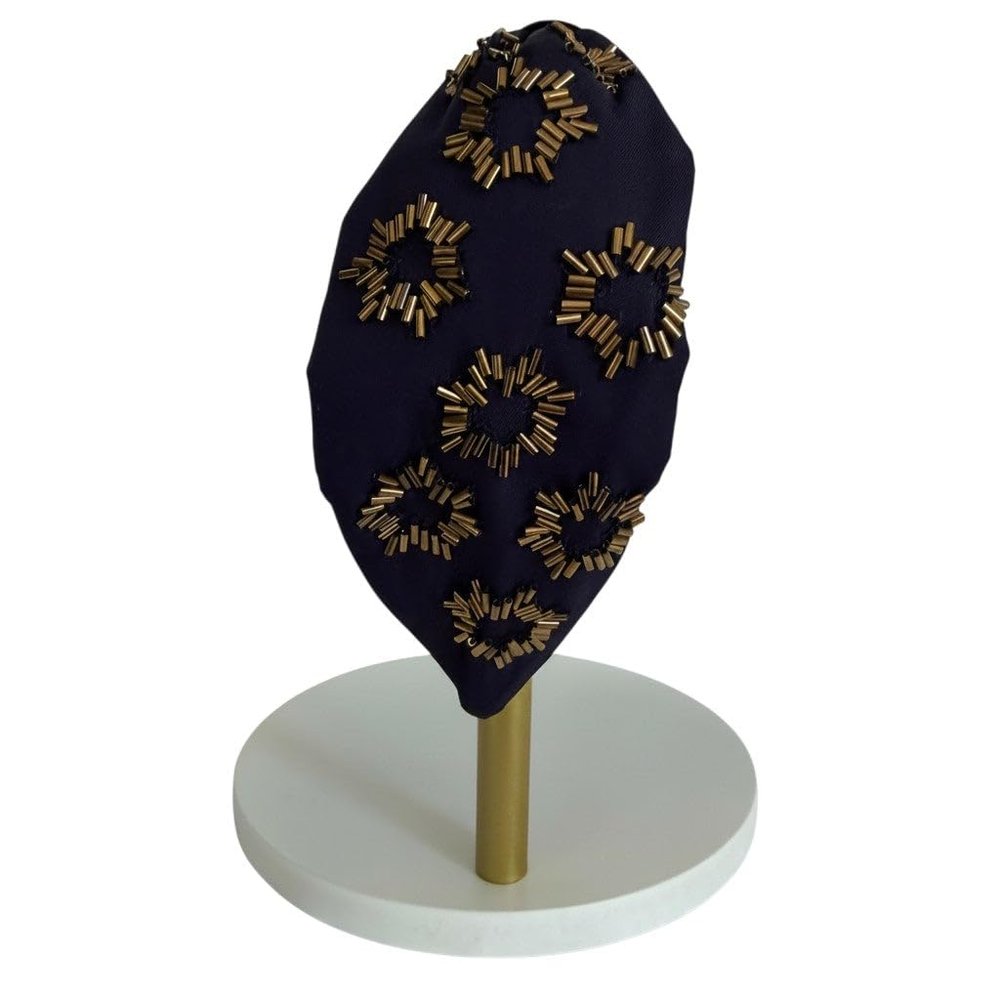 The Marigold Story Handcrafted Navy and Gold Bugle Bead Embellished Headband for Women, Limited Edition, for Evening and Occasion Styling