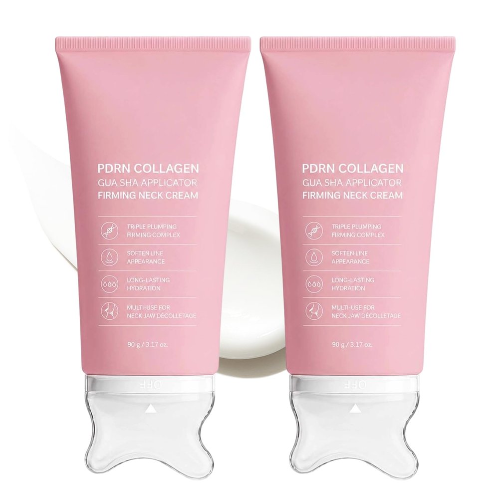 PDRN Collagen Gua Sha Neck Cream, Lightweight Neck and Jawline Moisturizer with Gua Sha Massage Applicator, Daily Hydrating Skin Care for Women & Men, Fast Absorbing Formula (2PC)