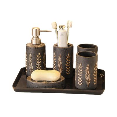 OBKSEB 5 Piece Vintage Bathroom Toiletries Set Handmade Ceramic