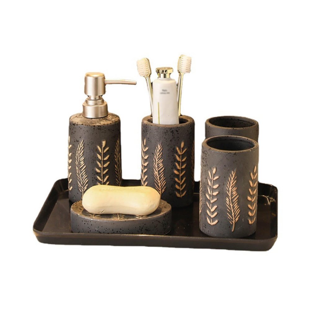 OBKSEB 5 Piece Vintage Bathroom Toiletries Set Handmade Ceramic